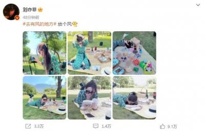 ​刘亦菲晒野餐照，穿绿裙腰身纤细白到发光，餐垫上的饮料好接地气